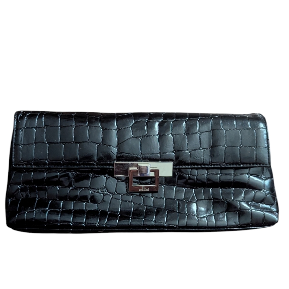 Cellini Black Crocodile Embossed Cowhide Leather Clutch